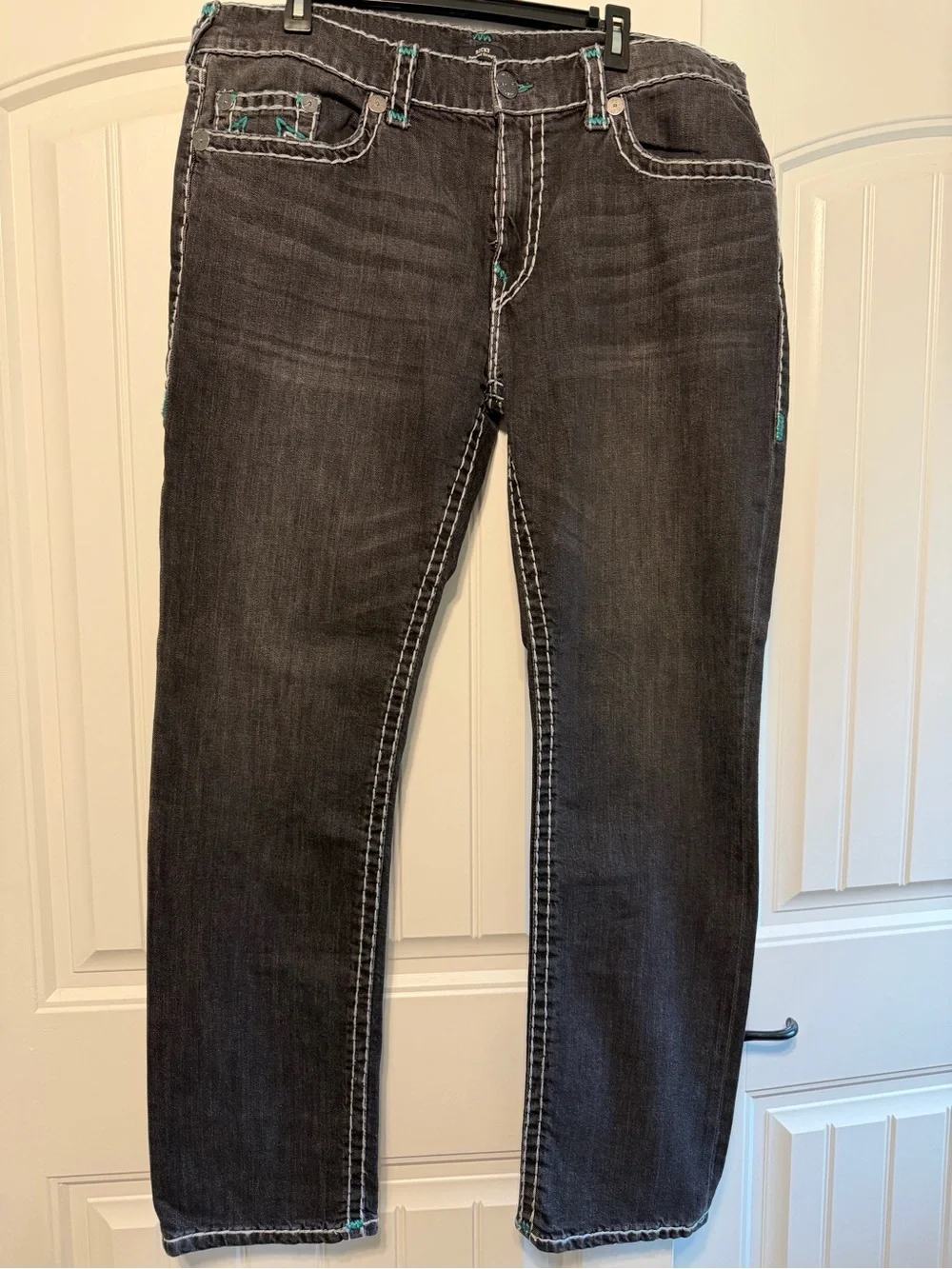 True Religion Men's Relaxed Black Jeans with Contrast Stitching